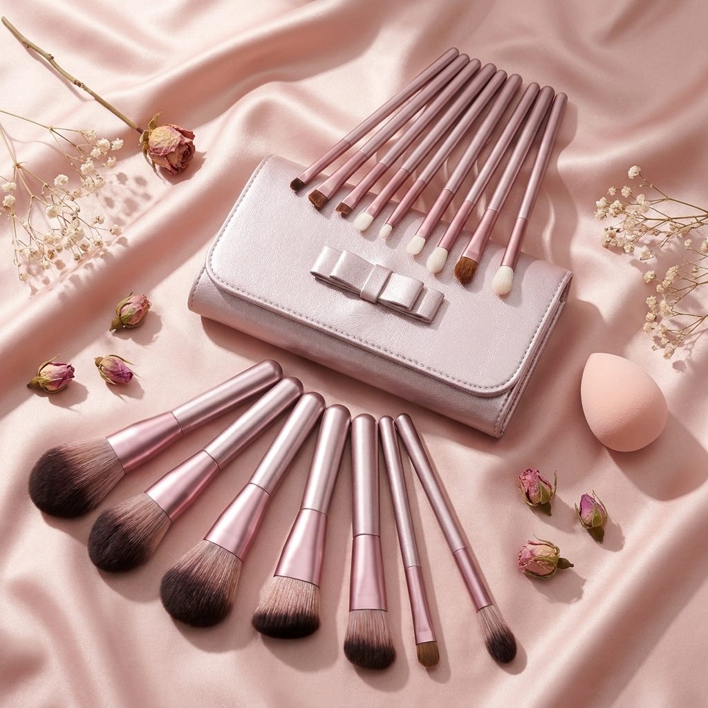 KIT PRETTY - flat-lay pinceaux et pochette rose